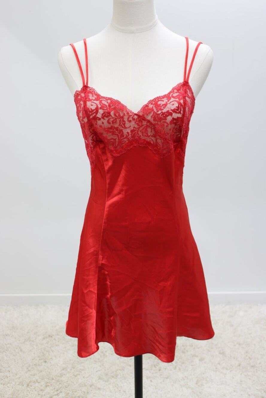 VTG Victoria's Secret Babydoll Nightie Chemise Dress Slip Red Lace Satin Small